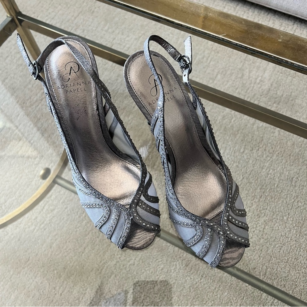 Adrianna Papell Silver Slingback Heels with Rhinestone Detail Sz 8.5